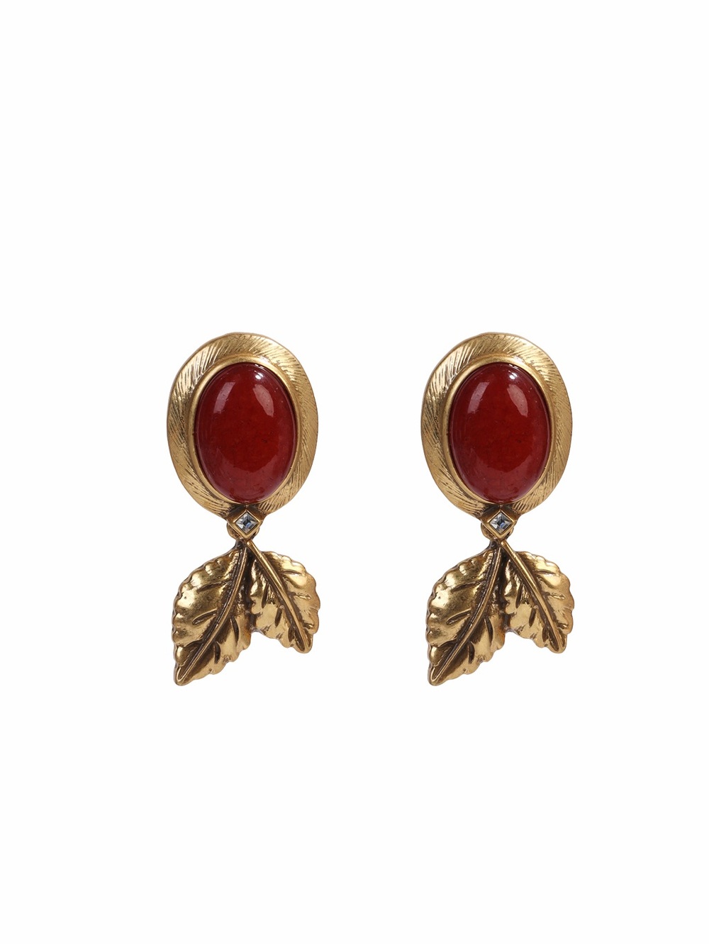 Gold Leaf Drop Earrings with Red Stone with 925 sterling silver posts